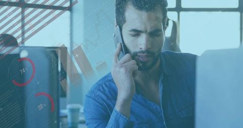 Focused middle eastern businessman on smartphone analyzing financial charts