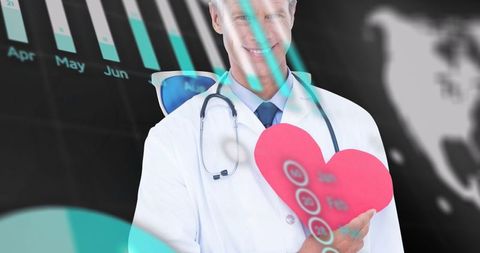 Doctor holding heart amid financial growth charts illustrating healthcare economics