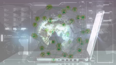 Digital Network Interface Over Laptop with Abstract Data Imagery