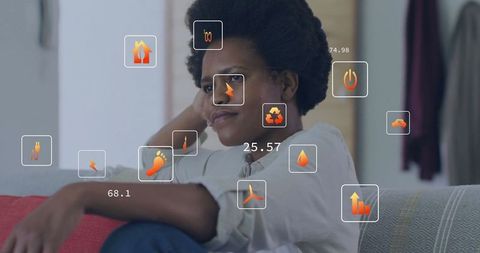Woman Relaxing on Sofa with Floating Energy Usage Icons