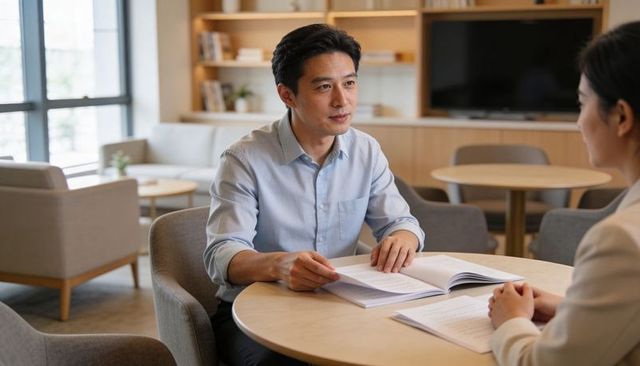 Asian businessman reviewing documents with woman colleague in modern office lounge