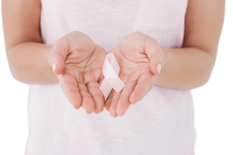 Transparent pink ribbon held for breast cancer awareness support