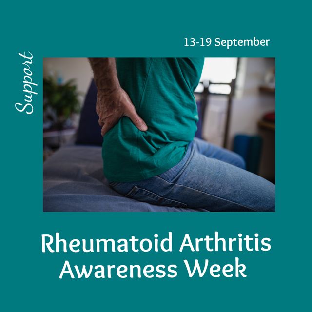 Biracial senior man with backache and 13-19 september, support rheumatoid arthritis awareness week. Text, midsection, composite, disease, joints, autoimmune, healthcare, awareness and prevention.