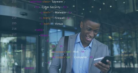 African American Businessman Using Smartphone with Digital Overlay