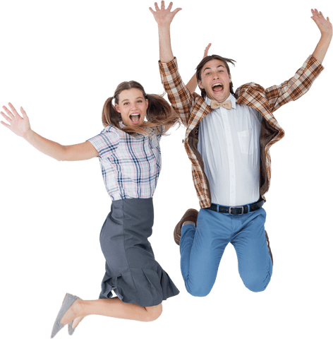 Transparent happy geeky hipsters jumping excitedly