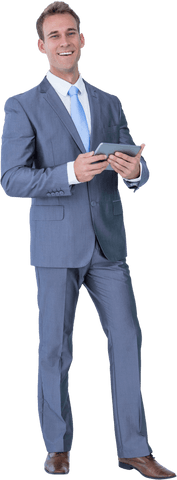 Confident Businessman Holding Tablet on Transparent Background