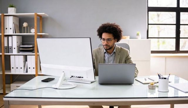 Focused professional working at dual-screen desk with laptop and monitor in bright office