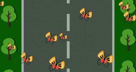 Retro game screen with butterflies on virtual road