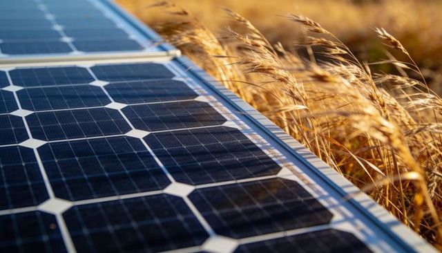 Photovoltaic Panel Harvesting Sunlight Along Golden Wheat Field During Golden Hour