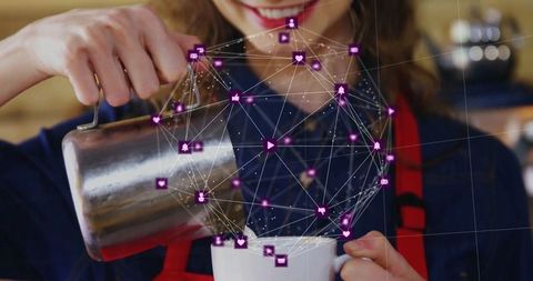 Barista Crafts Coffee with Digital Overlay and Connected Icons