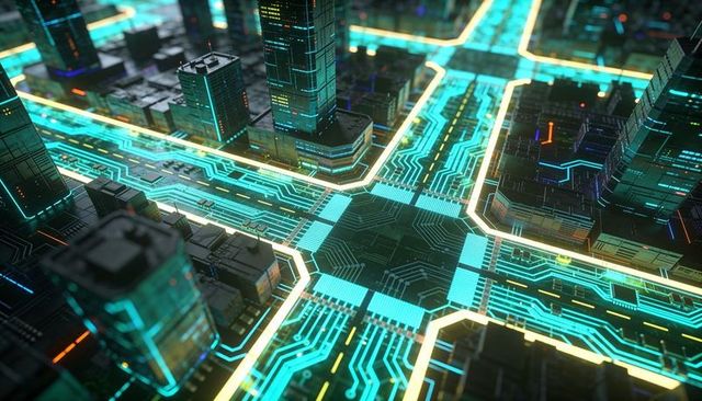 Neon circuit cityscape glowing pcb intersection with microchip towers and data traces