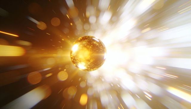 Radiant golden orb emitting explosive light trails, sparkling particles and luminous bokeh