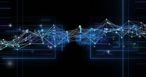 Pulsing Neon Network Waveform Spanning Dark Digital Grid with Glowing Nodes