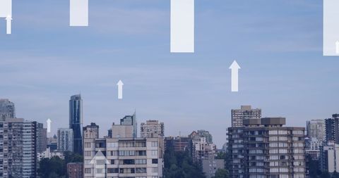 Cityscape with Upward Arrows Symbolizing Growth and Technology
