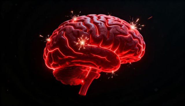 Glowing red brain model with neon neural sparks illustrating neural activation and AI
