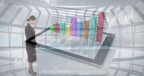 Businesswoman interacting with futuristic 3d bar chart