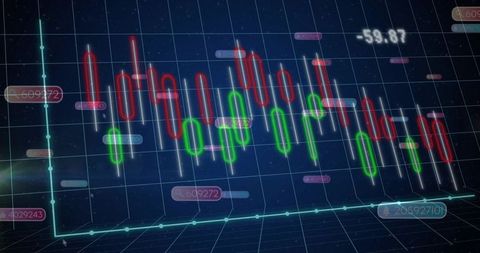 Neon 3d candlestick trading dashboard showing volatile market movement on dark grid