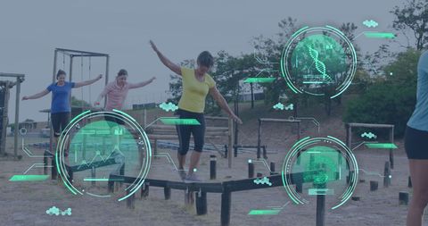 Women Balancing on Obstacle Course with Digital Infographics - Download Free Stock Images Pikwizard.com