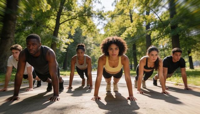 Diverse group holding plank exercise on shaded park path training for core strength