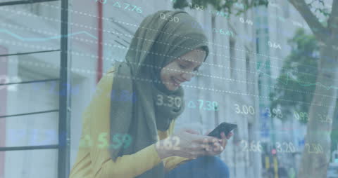 Smiling Woman Analyzing Financial Data on Smartphone