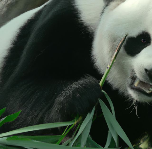 Image shows a close-up view of a giant panda munching on bamboo leaves. The focus is on the panda's facial details and its natural environment. Perfect for use in wildlife documentaries, educational materials about endangered species, and any conservation-related campaigns.