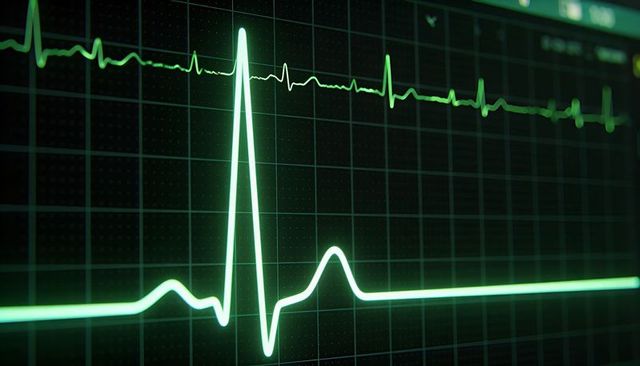 Green ECG Heartbeat Waveform on Cardiac Monitor Display Vital Signs Monitoring