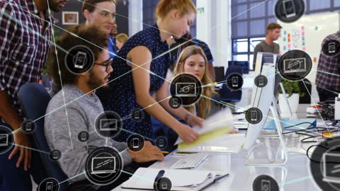 Collaborative Modern Office with Digital Network Overlay