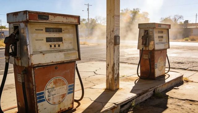 Rusting vintage gas pumps with peeling paint and dangling hoses on cracked roadside concrete