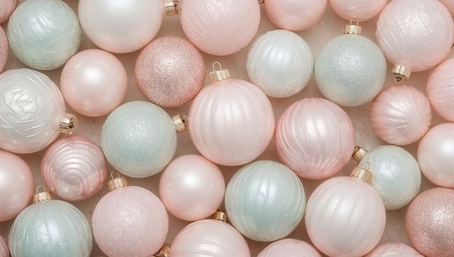 Pastel Christmas Baubles Flat Lay Featuring Pearlescent, Glitter and Ribbed Ornaments