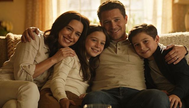 Cozy family cuddling on sofa, parents hugging smiling children, warm home bonding