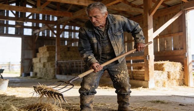 Senior farmer raking straw in rustic barn wearing denim jacket and boots at sunrise