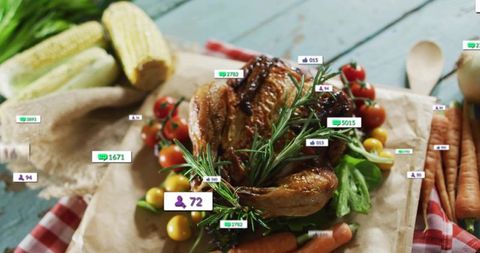 Resting roasted chicken with rosemary and farm vegetables showing social media badges