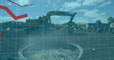 Excavator in Junkyard with Overlay of Financial Charts