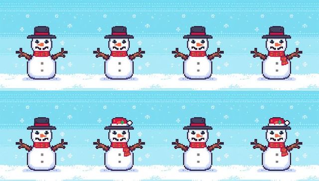 Retro pixel snowman seamless pattern with red scarves and top hats for holiday wallpaper