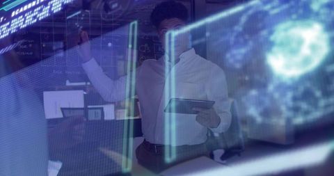 Executive using holographic touchscreen for collaborative data visualization and strategy planning