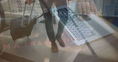 Traveler Walking with Suitcase and Typing on Laptop Overlay