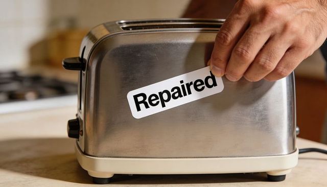 Hand applying repaired sticker to stainless steel toaster on kitchen counter, closeup