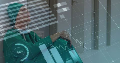 Stressed Female Surgeon with Data Overlay in Hospital Corridor