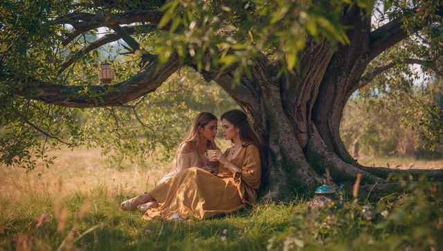 Two Women in Vintage Gowns Having Tea in Meadow under Tree