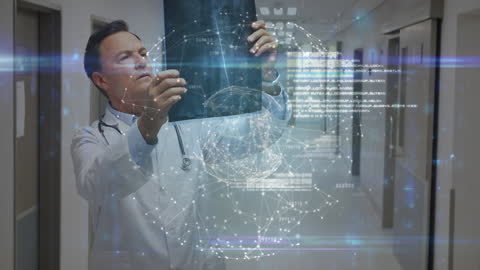 Doctor Analyzing X-ray with Digital Data Overlay in Hospital Hallway