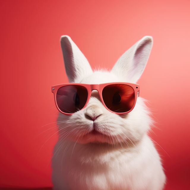 White rabbit with sunglasses appearing playful and stylish, suitable for themes on fashion, pets, social media content, and lifestyle blogs. Can be used to add humor and charm to promotional materials.
