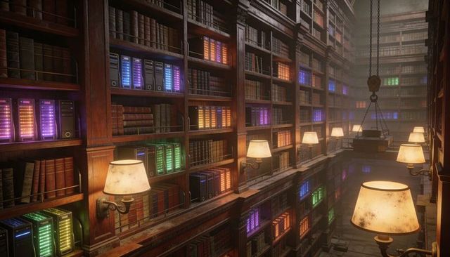 Vintage library aisle with glowing server racks, leather books, hanging hoist, warm lamps