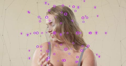 Woman tilting gaze with purple ai node network overlay, minimal tech portrait, elegant