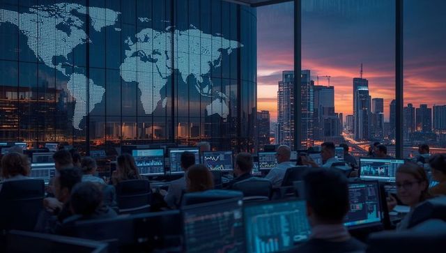 Global Finance and Technology Hub in High-Tech Trading Room