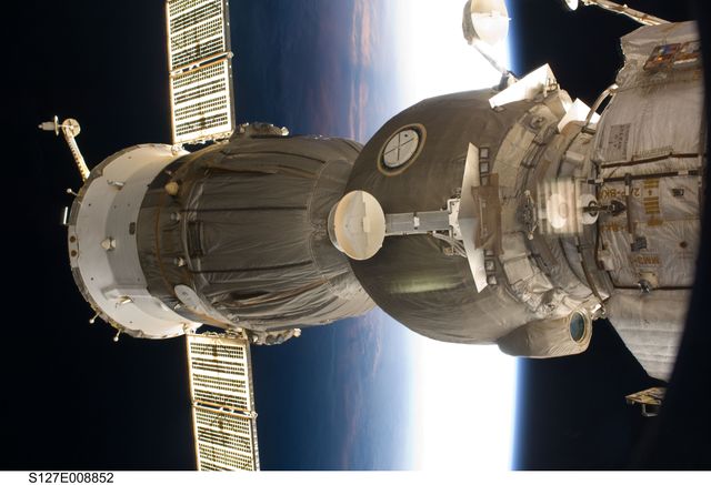 S127-E-008852 (25 July 2009) --- One of two Soyuz spacecrafts docked with the International Space Station is featured in this image photographed by a crew member aboard the station while Space Shuttle Endeavour (STS-127) remains docked with the station.