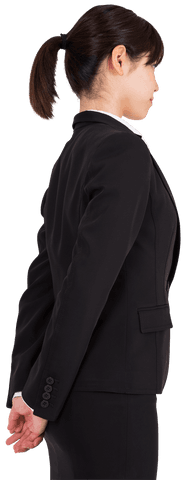 Focused Asian Businesswoman Pointing with Finger on Transparent Background