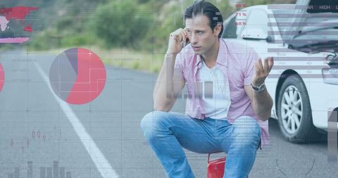 Frustrated Man Using Phone with Financial Overlay During Car Breakdown - Download Free Stock Images Pikwizard.com