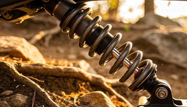Sunlit off-road vehicle suspension coil reflecting warm golden-hour backlight on rugged trail