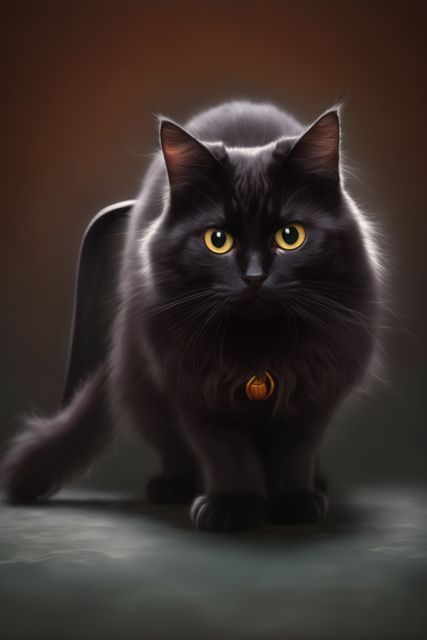 Curious Black Cat with Bright Yellow Eyes Wearing Halloween Collar - Download Free Stock Images Pikwizard.com