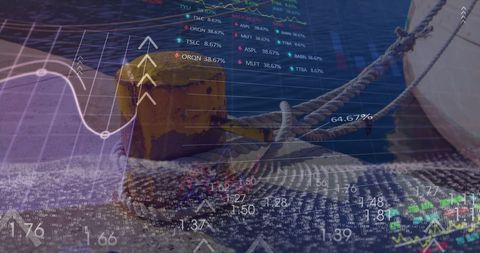 Conceptual composition intertwining maritime industry imagery with digital financial data and analytics, illustrating globalization and economic trade. Useful for presentations on international trade, financial market analysis, digital transformation in shipping, and economic growth studies.